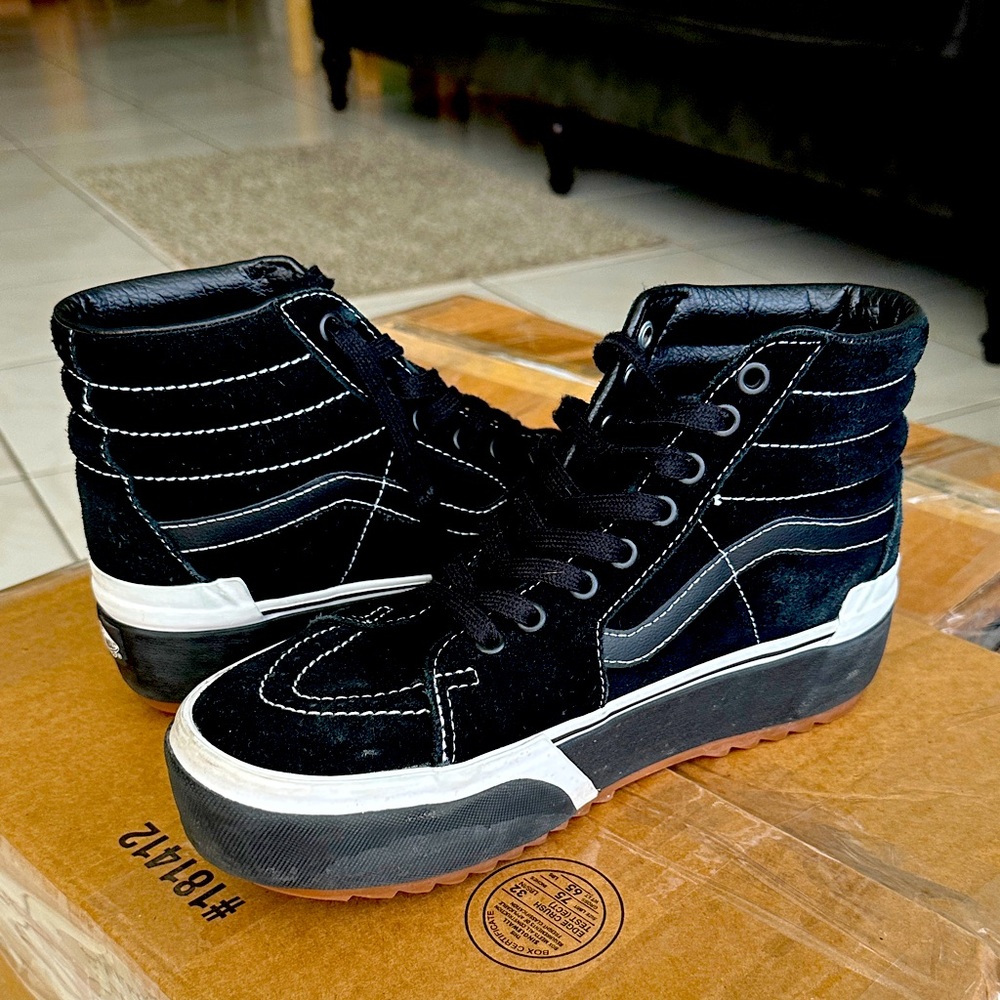 Vans Black Leather High-Tops with White Accents